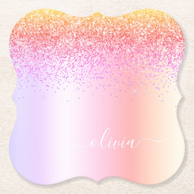 Rainbow Pastel Girly Glitzer Metal Monogram Name Untersetzer (Vorderseite)