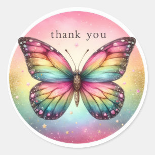 Rainbow Pastel Glitzer Butterfly - Danke - Runder Aufkleber