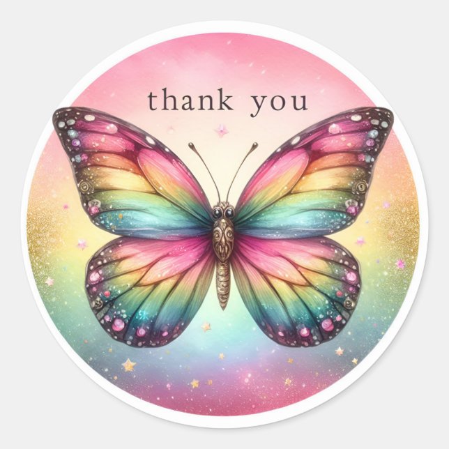 Rainbow Pastel Glitzer Butterfly - Danke - Runder Aufkleber (Vorderseite)