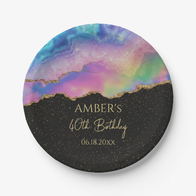 Rainbow Pastel Gold Glitter Abstract Watercolor  Pappteller (Vorderseite)