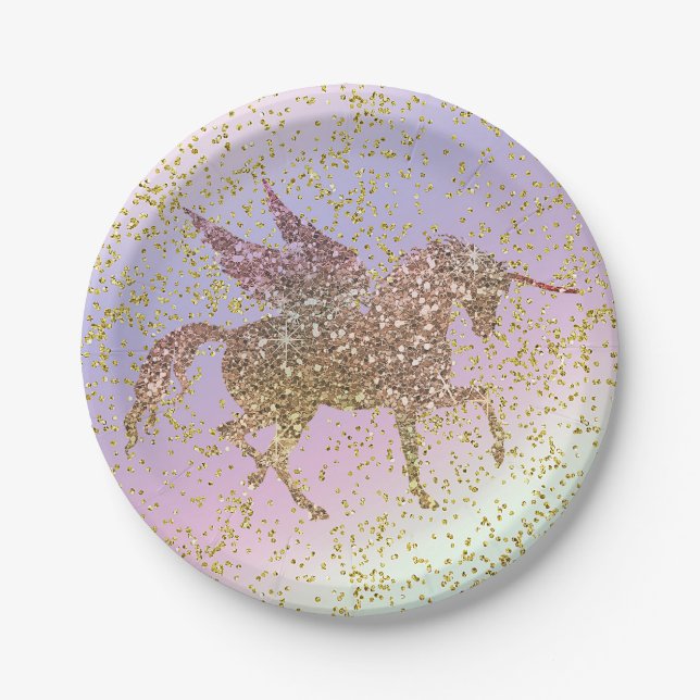 Rainbow Pastel Gold Glitzer Unicorn Geburtstagspar Pappteller (Vorderseite)