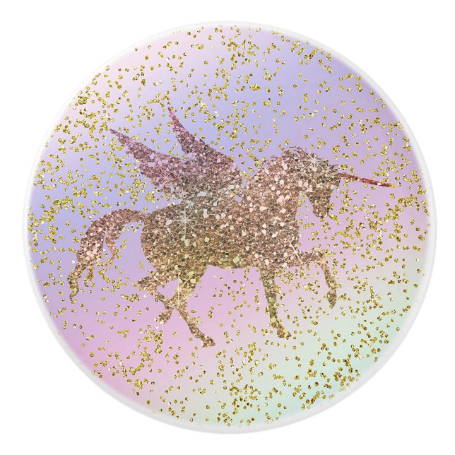 Rainbow Pastel Gold Glitzer Unicorn Keramikknauf (Vorderseite)