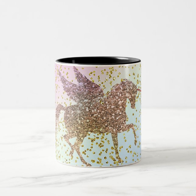 Rainbow Pastel Gold Glitzer Unicorn Zweifarbige Tasse (Mittel)