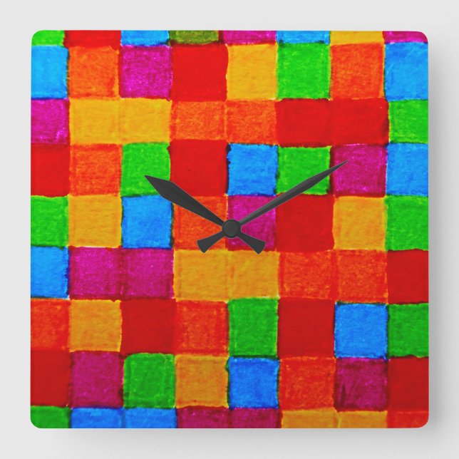 Rainbow Patchwork Quilt Color Grid Abstrakt Quadratische Wanduhr (Vorderseite)