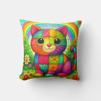 Rainbow Patchwork Whimsical Colorful Kitty Kissen