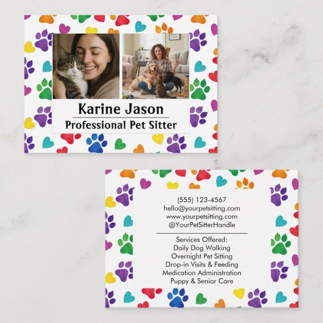 Rainbow Paw Prints  Hearts Customizable Pet Sitter Visitenkarte (Vorne/Hinten)