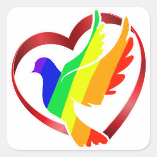 Rainbow Peace Dove in Heart Quadratischer Aufkleber