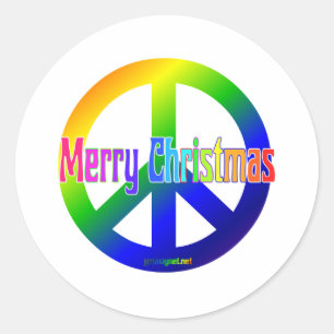 Rainbow Peace Sign mit Frohen Weihnachten! Runder Aufkleber
