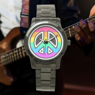 Rainbow Peace Sign Oversified Black Bracelet Watch Armbanduhr