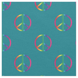 Rainbow Peace Signs Aquamarin Stoff