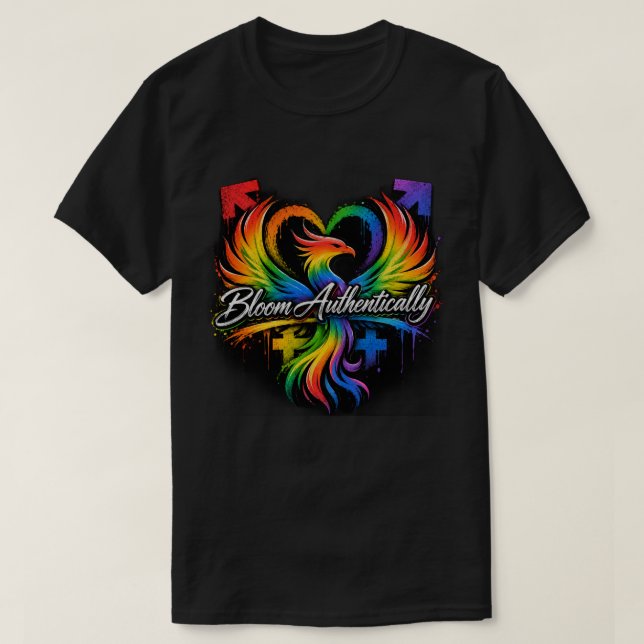 Rainbow Phoenix Herz "Authentisch Erblühen" Pride T-Shirt (Design vorne)