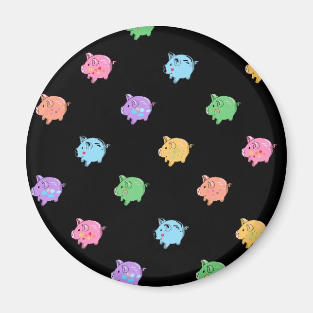Rainbow Pig Muster auf schwarz Magnet (Vorne)