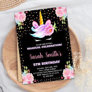 Rainbow Pink Black Unicorn Einladung zum Geburtsta