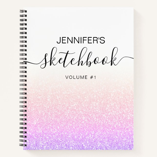 Rainbow Pink Glitzer Girly Ombre Sketchbook Name Notizbuch (Vorderseite)