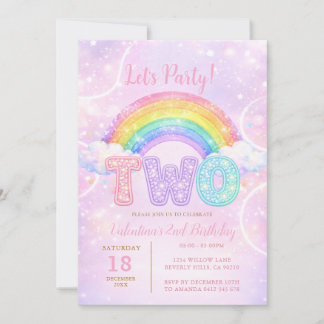 Rainbow Pink Purple Glitter Second Birthday Party Einladung