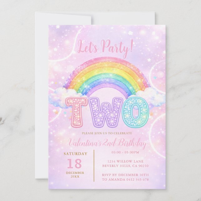 Rainbow Pink Purple Glitter Second Birthday Party Einladung (Vorderseite)