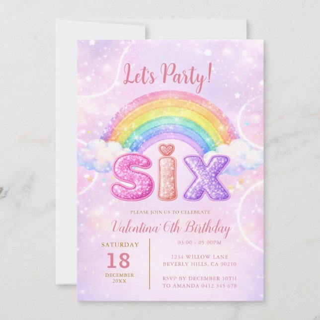 Rainbow Pink Purple Glitter Six Birthday Party Einladung (Vorderseite)