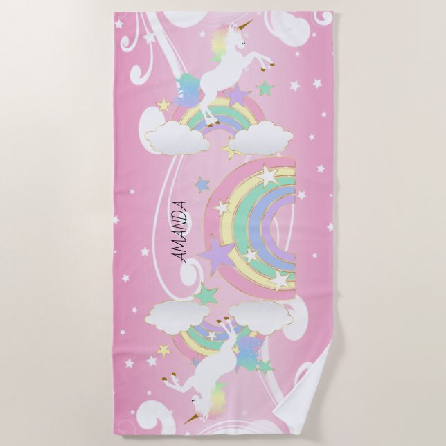 Rainbow Pink Unicorn Strandtuch (Vorderseite)