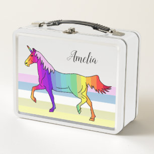 Rainbow Pink Unicorn Stripes Girl Metall Brotdose