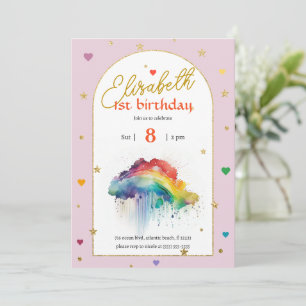 Rainbow Pink Wasserfarbe 1. Geburtstag Einladung