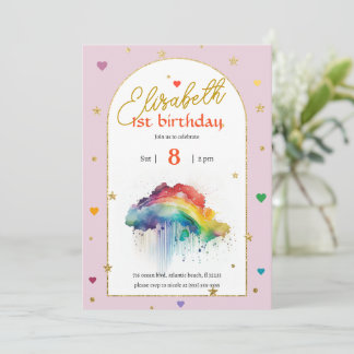 Rainbow Pink Wasserfarbe 1. Geburtstag Einladung