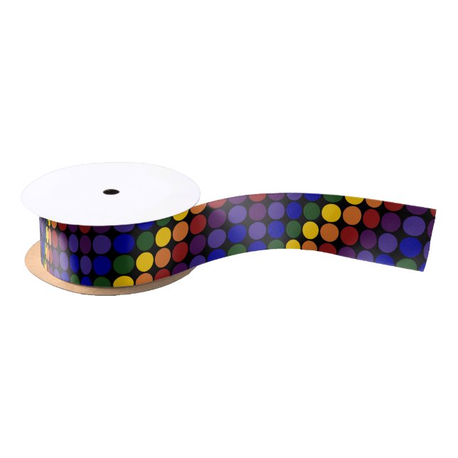 Rainbow Polka Dots auf Schwarz Satinband (Spule)
