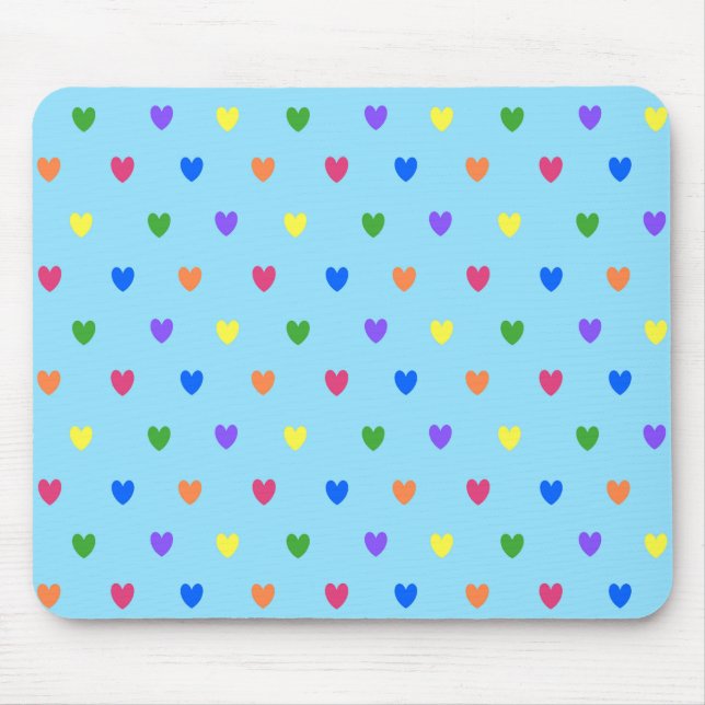 Rainbow-Polka-Herzen auf Babyblau Mousepad (Vorne)