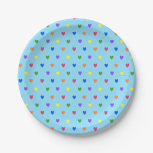 Rainbow-Polka-Herzen auf Babyblau Pappteller