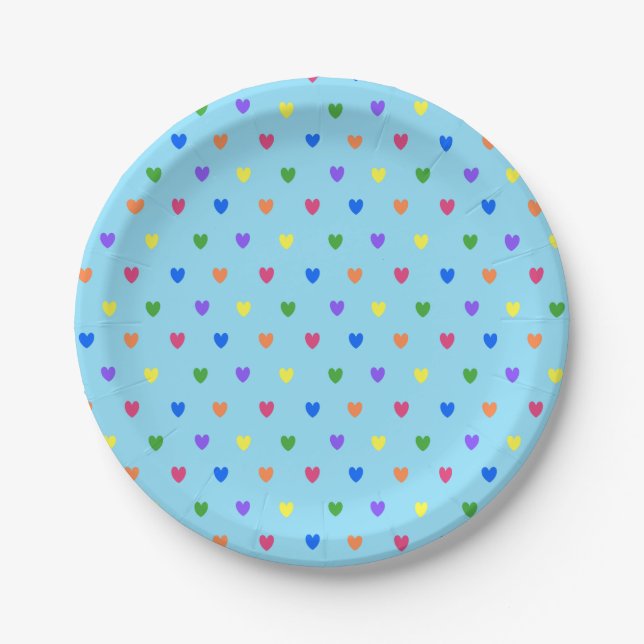 Rainbow-Polka-Herzen auf Babyblau Pappteller (Vorderseite)