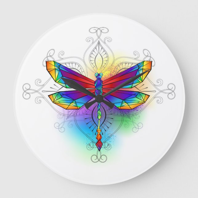 Rainbow Polygonal Dragonfly Große Wanduhr (Vorderseite)