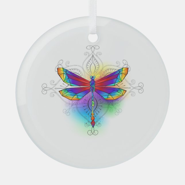 Rainbow Polygonal Dragonfly Ornament Aus Glas (Vorderseite)
