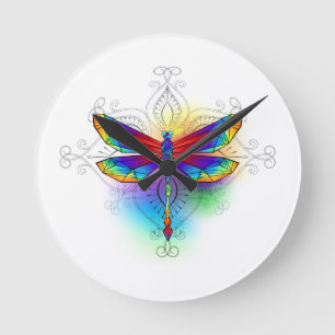 Rainbow Polygonal Dragonfly Runde Wanduhr