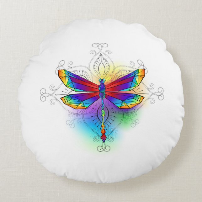 Rainbow Polygonal Dragonfly Rundes Kissen (Vorderseite)
