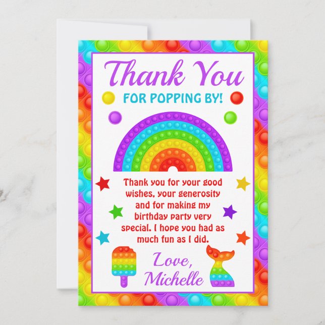 Rainbow Pop It Fidget Toy Birthday Party Dankeskarte (Vorderseite)