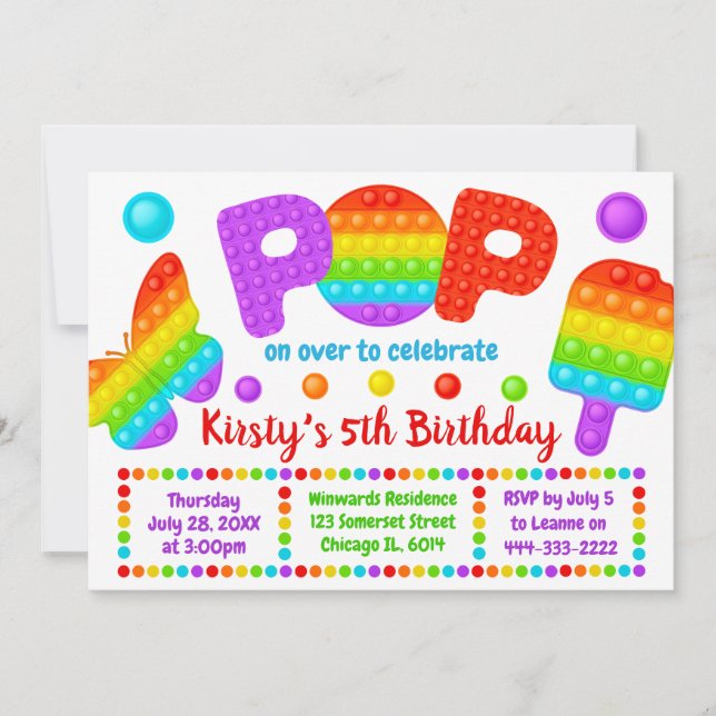 Rainbow Pop It Fidget Toy Birthday Party Einladung (Vorderseite)
