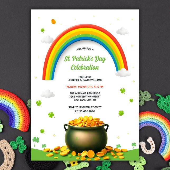 Rainbow Pot of Gold Kleeblatt Fun St Patricks Day Einladung (Fun St. Patrick's Day Invitation – Rainbow, Pot of Gold, and Shamrock-Themed Party Invitation)