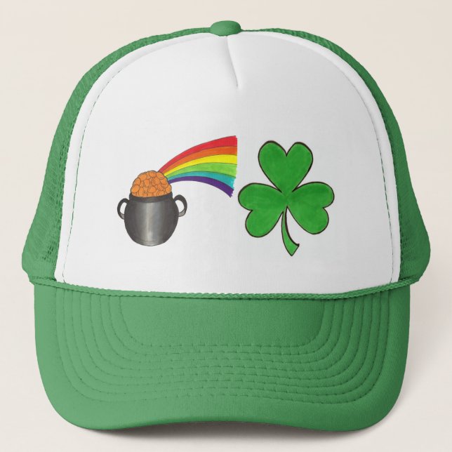 Rainbow Pot of Gold Kleeblatt St. Patrick's Day Truckerkappe (Vorderseite)