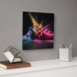 Rainbow Powder blast auf schwarz Quadratische Wanduhr
