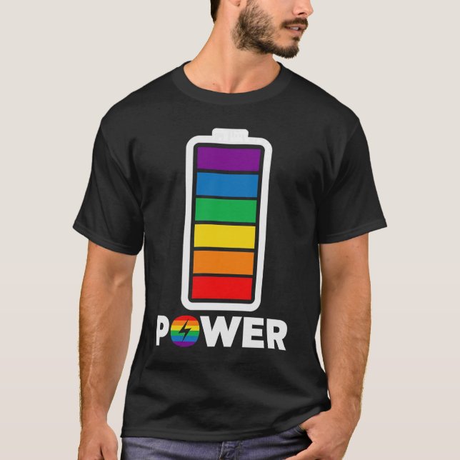 Rainbow Power Battery LGBTQ Gay Lesbian Bewusstsei T-Shirt (Vorderseite)