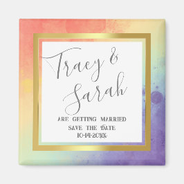 Rainbow Pride Gold Frame Wedding Save the Date Magnet