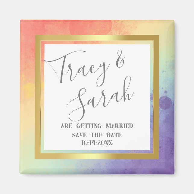 Rainbow Pride Gold Frame Wedding Save the Date Magnet (Vorne)