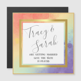 Rainbow Pride Gold Frame Wedding Save the Date Magnetkarte
