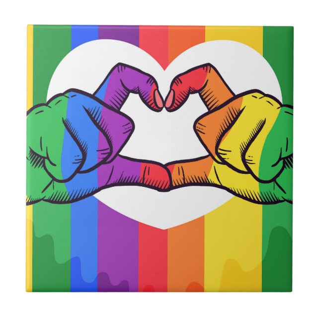 Rainbow Pride Hands Heart Keramik Tile | LGBTQ+ Fliese (Vorderseite)