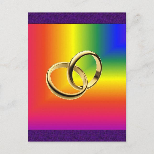 Rainbow Pride mit Gold Wedding Bands Postkarte (Vorderseite)