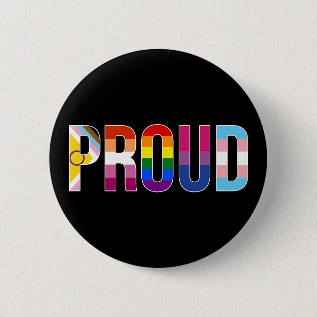 Rainbow Pride 'Proud': LGBTQ-Flaggenfarben Buchsta Button (Vorderseite)