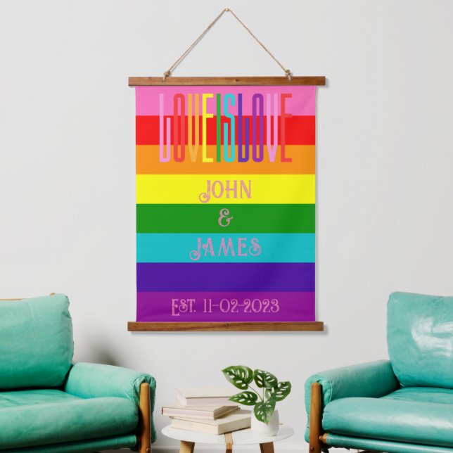 Rainbow Prilag Gay Wedding Couple LGBTQ Wandteppich Mit Holzrahmen (Wohnzimmer)