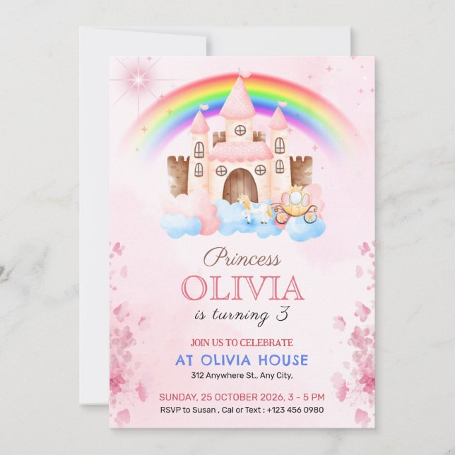 Rainbow Princess Castle Birthday Party Invitation Einladung (Vorderseite)