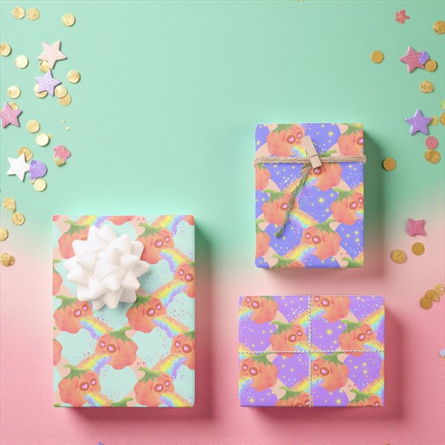 Rainbow Puking Pumpkin Halloween Geschenkpapier Set (Whimsical rainbow-spewing pumpkin gift wrap in pastel and purple for quirky celebrations.)