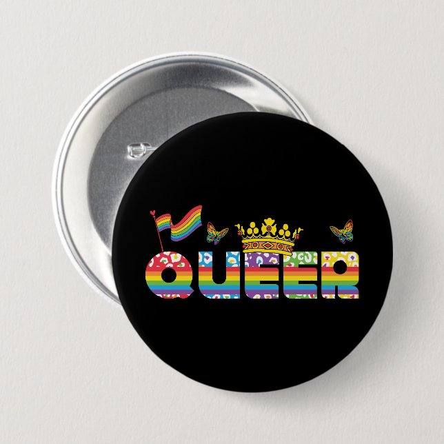 Rainbow Que Crown mit Flag und Schmetterlingen Button (Vorne & Hinten)