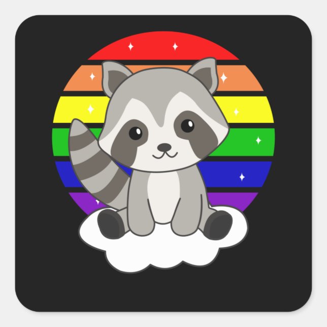 Rainbow Raccoon Niedliche Raccoon für Kinder Quadratischer Aufkleber (Vorderseite)